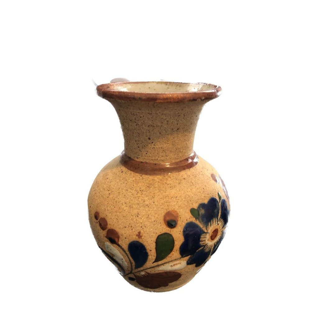 Sandstone Pottery Vase Hand Painted Blue Flowers signed Mexico - Picture 2 of 8